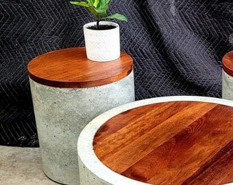 Concrete side table, accent hardwood table. Merbau cylinder polished concrete table, end table, coffee table.