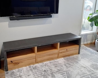 2.2m industrial hardwood and concrete TV unit, bespoke handcrafted entertainment stand with black painted Vic Ash timber cabinetry.