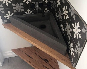 corner vanity, powder room vanity basin. Concrete and hardwood triangular concrete sink handmade ensuite vanity with floating shelf