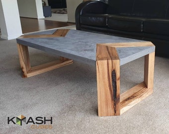 Custom handmade polished charcoal concrete with hardwood timber feature 1.2m x 600mm modern, unique, bespoke table.