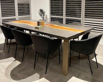 Live edge Blackwood dining table 2.7m 8 seater.  Polished concrete table with steel powder coated base, custom table.