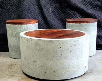 Concrete coffee table with merbau hardwood feature. Cylinder, round coffee table, matching end table or concrete side table