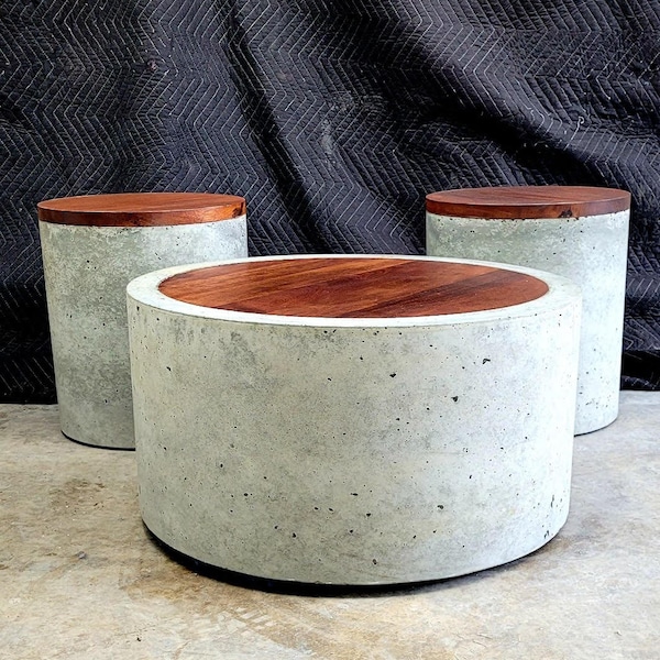 Concrete coffee table with merbau hardwood feature. Cylinder, round coffee table, matching end table or concrete side table