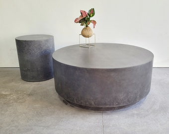 Round concrete coffee table. 900mm diameter hand made floating coffee table , bespoke polished concrete coffee table with timber base