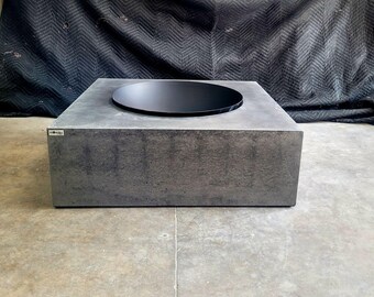 Large square concrete fire pit, square custom handmade real charcoal concrete fire pit with black metal bowl.