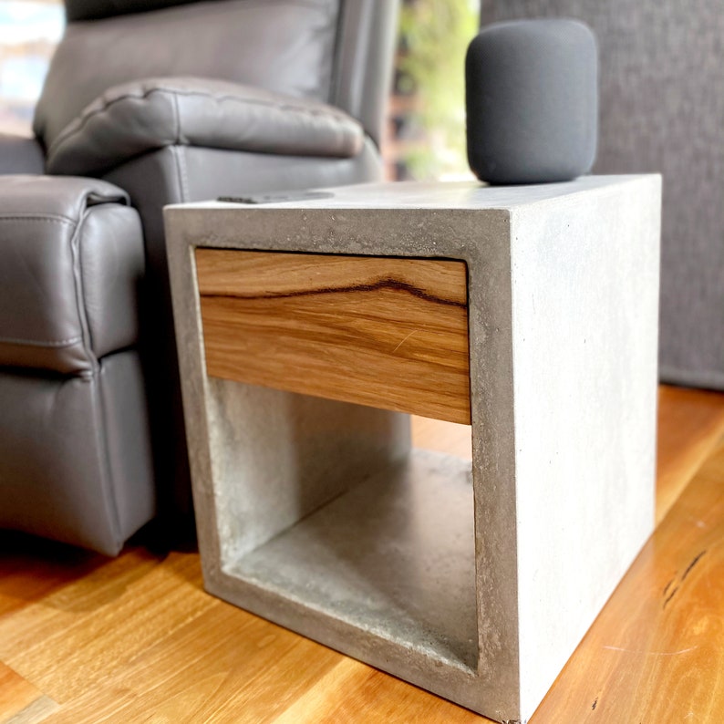 Open cube concrete side tables with hardwood timber top Etsy
