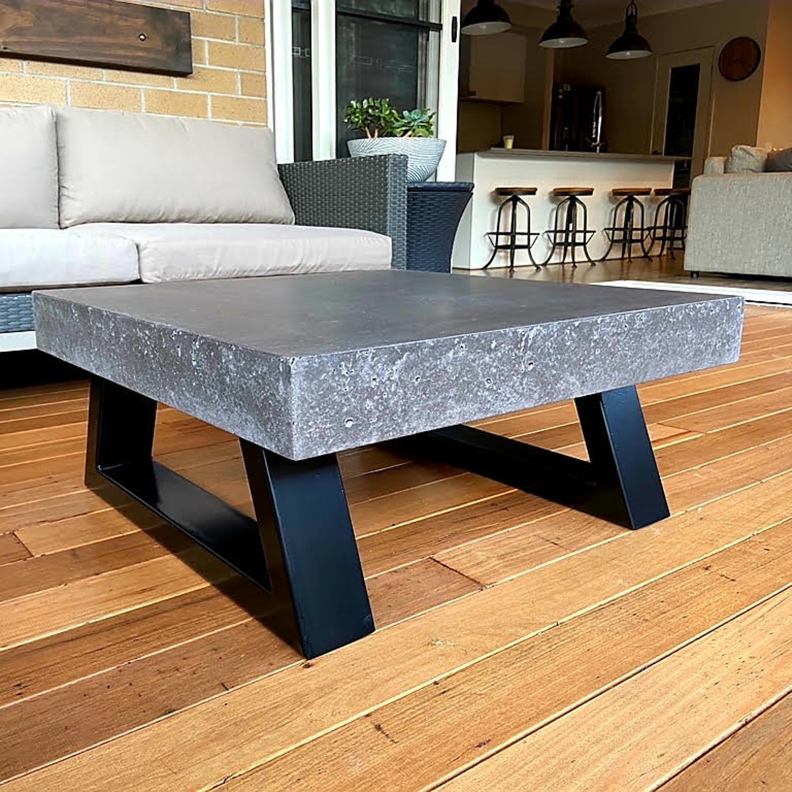 Polished Concrete Square Coffee Table, Vic Ash Hardwood Base, 1m X 1m