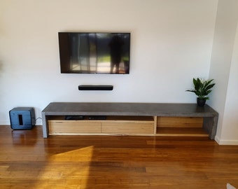 3m Modern Hardwood and Concrete TV Unit Bespoke Handcrafted