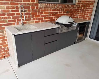 Concrete outdoor kitchen counter benchtop - off white exposed aggregate, handmade real concrete tops indoor or outdoor integrated sink