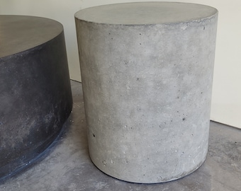 Charcoal concrete stool, outdoor ottoman, side table. Cylinder polished concrete table, end table, coffee table.