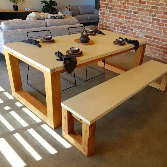 White Concrete Dining Table With Timber Loop End Base 2m Etsy