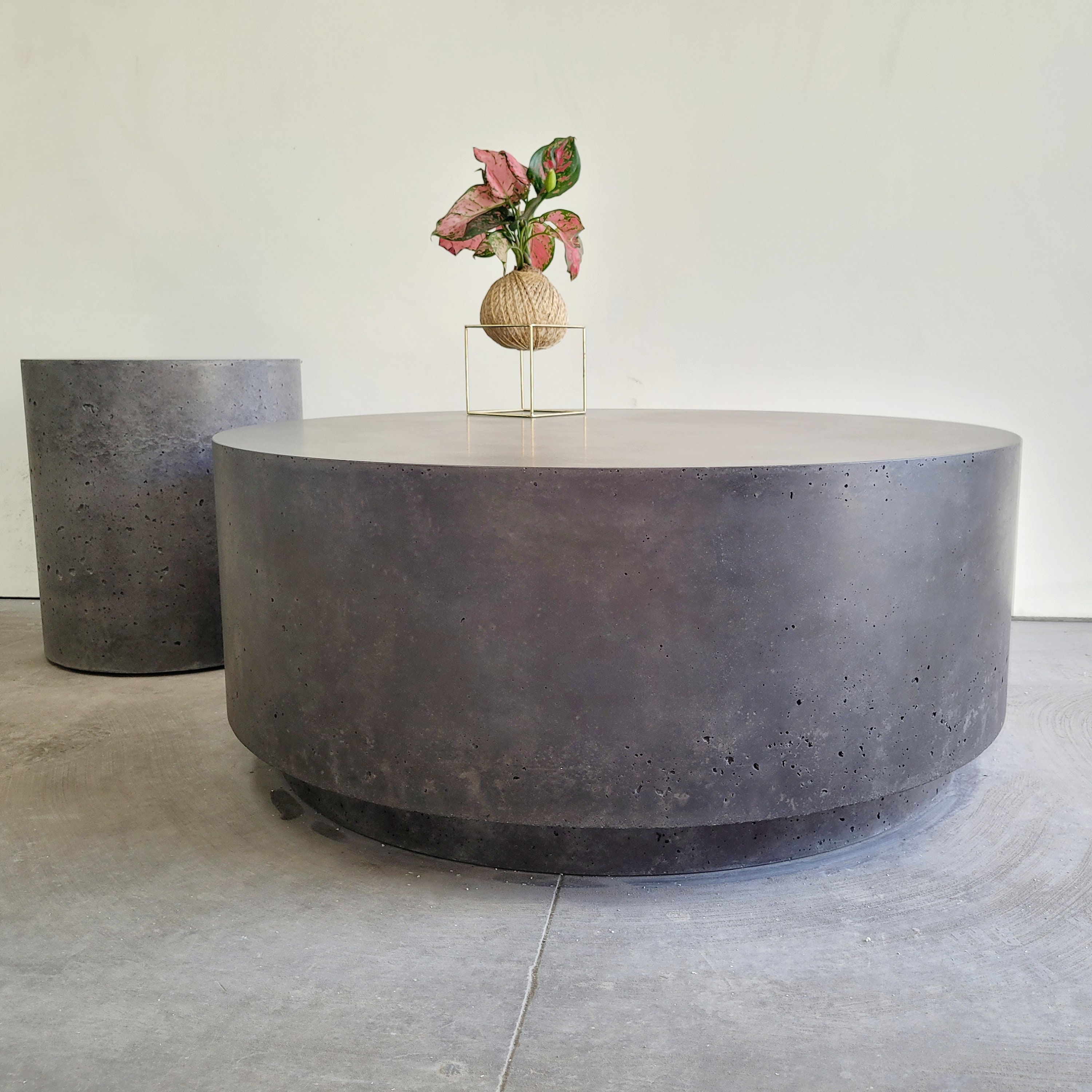 Concrete Coffee Table With Merbau Hardwood Feature. Cylinder, Round