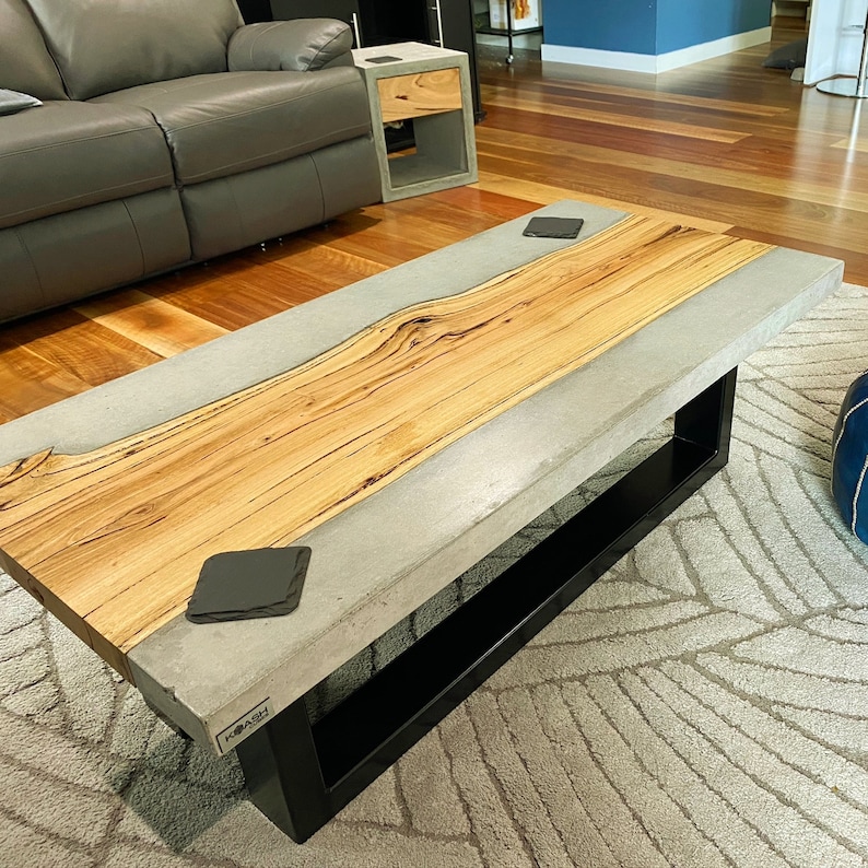 Bespoke Concrete Coffee Table With Live Edge Timber and Powder Coated