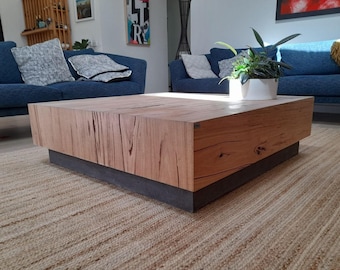 Hardwood timber and polished concrete large coffee table. 1.1 x 1.1m modern, bespoke handcrafted table.