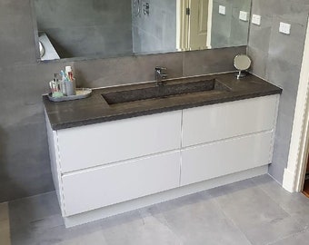 Concrete charcoal vanity with integrated sink, vinyl wrap cabinetry, bathroom or ensuite handmade custom vanity unit