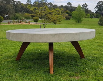 Round handmade, handcrafted concrete and timber coffee table 1m diameter, Oak finish timber with unique base design.