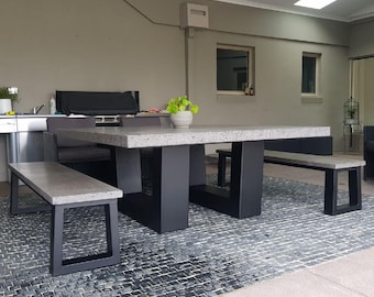 Square 14/16 seater, 1.8m x 1.8m bespoke concrete dining table, steel powder coated base, handmade real concrete patio outdoor/indoor table.