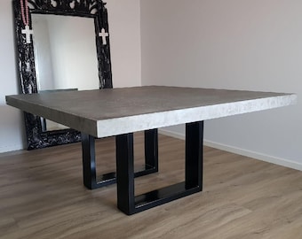 8 seater, square concrete dining table 1.6m x 1.6m bespoke with steel powder coated base, handmade real concrete patio outdoor/indoor table.
