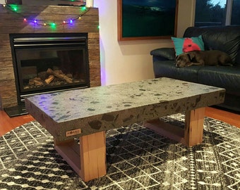 Concrete coffee table, Vic Ash hardwood base, exposed charcoal polished stone table. Industrial look.