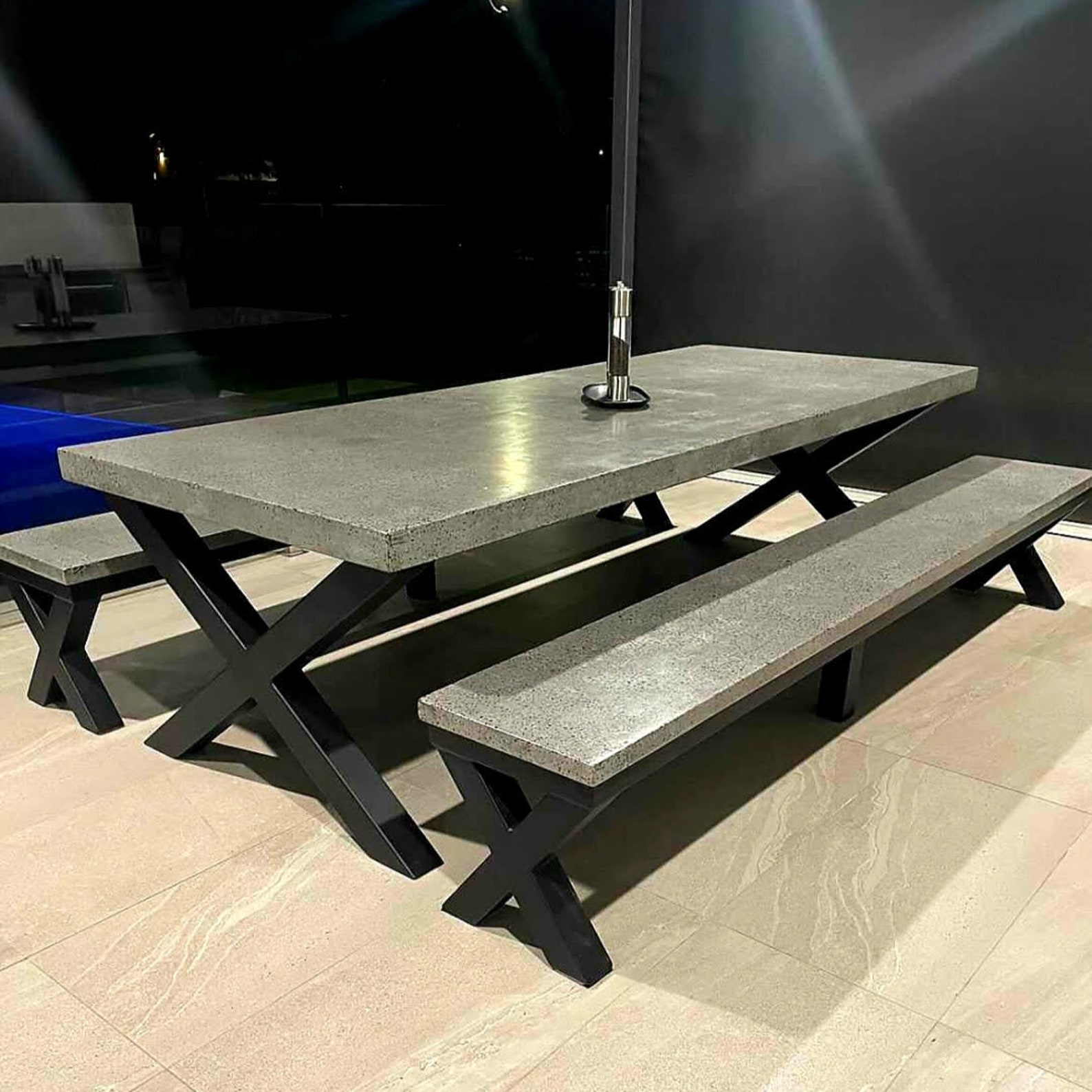 Handmade Polished Concrete Dining Table With Bench, Powder Coated Steel ...