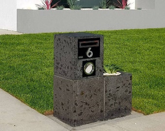 Charcoal and black concrete letterbox with planter, polished 2 to 4 piece setting - hand made stone furniture piece.