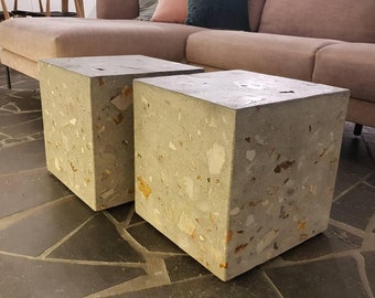 Concrete side table or seat - exposed stone and concrete outdoor or indoor accent table. Cube style coffee table and or fire pit seating.