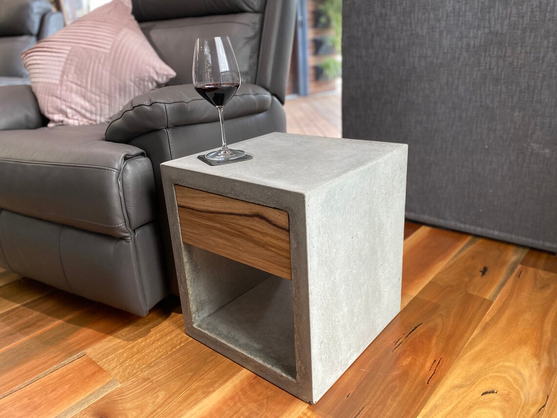 Open Cube Concrete Bedside Table, Side Tables With Hardwood Timber Top ...