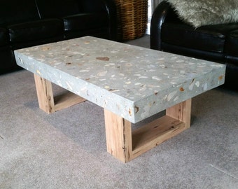 Polished concrete grey coffee table 1.2 x 600mm, Vic Ash hardwood loop end base.