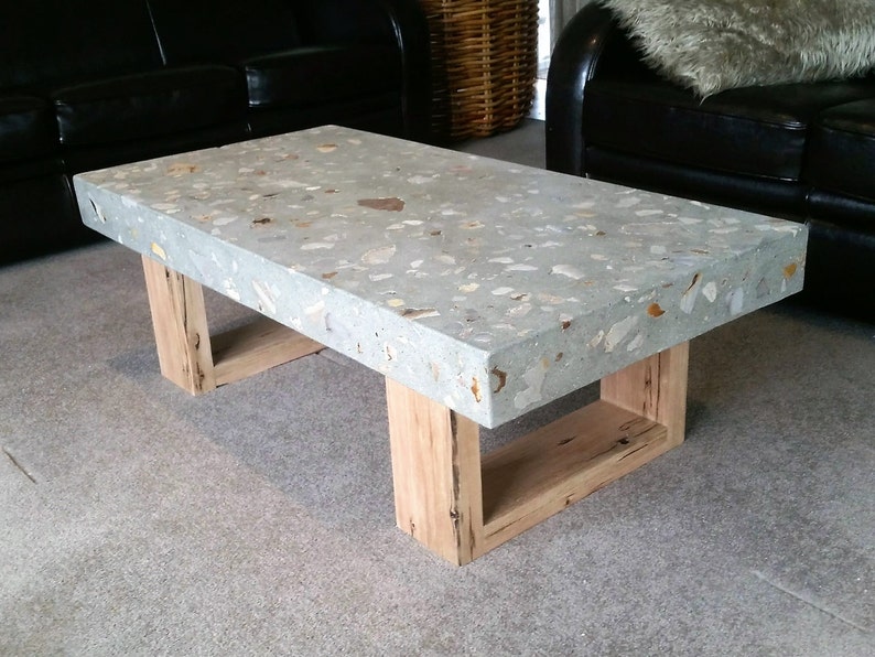 Polished concrete grey coffee table 1.2 x 600mm, Vic Ash hardwood loop end base. image 1