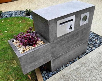 Concrete charcoal 3 piece unique custom letterbox with floating planter box, bespoke handmade furniture.