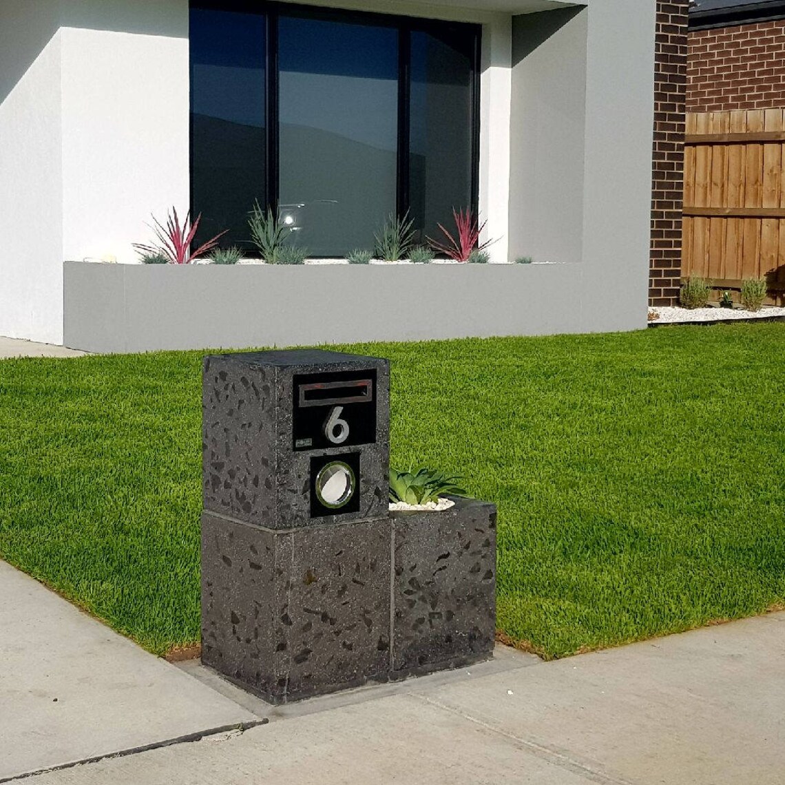 Concrete Letterbox With Planter Unique, Polished Exposed Stone 2 to 4