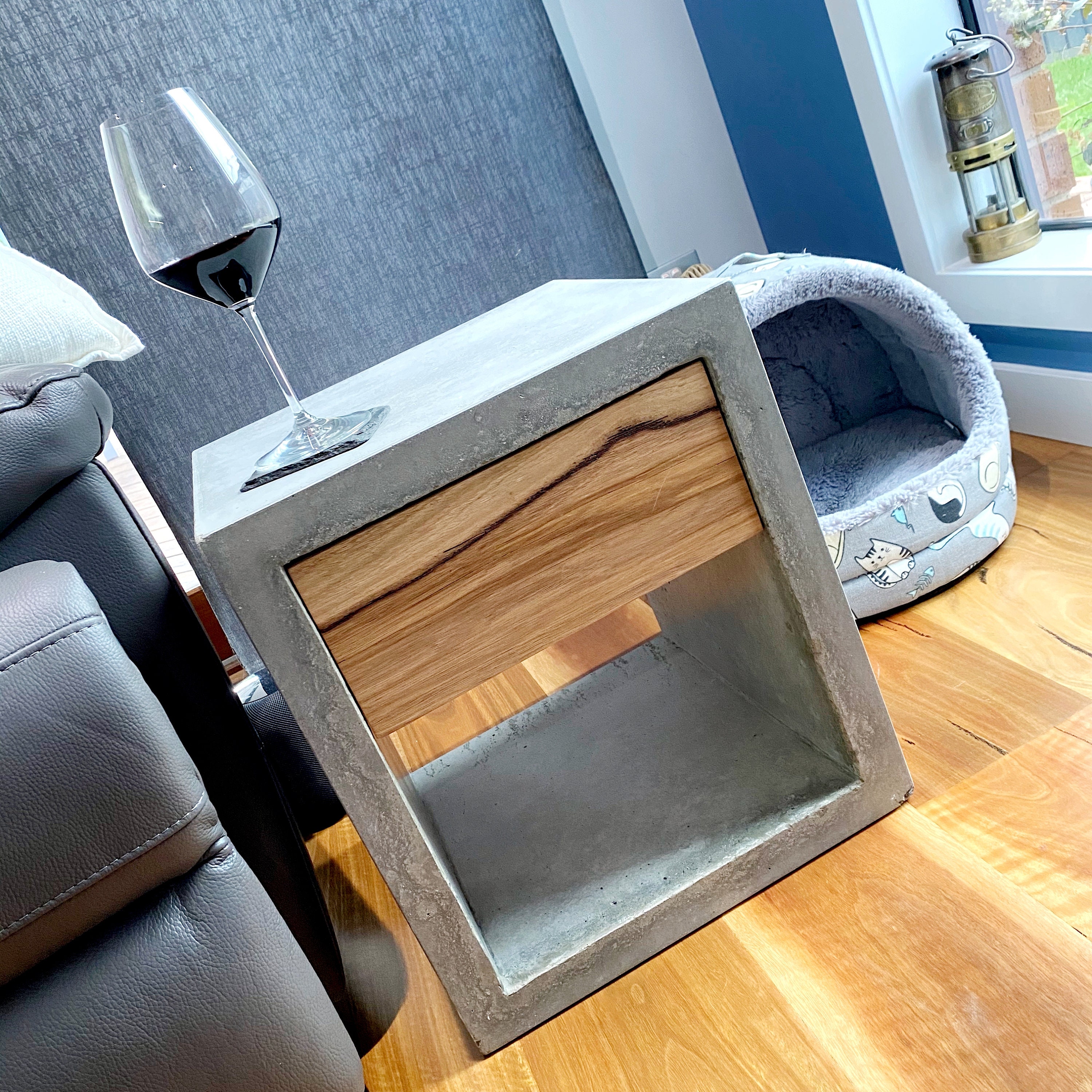 Open Cube Concrete Bedside Table, Side Tables With Hardwood Timber Top ...
