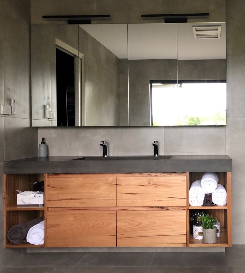 Floating Polished Concrete Vanity, Round Basin Custom Handmade Real
