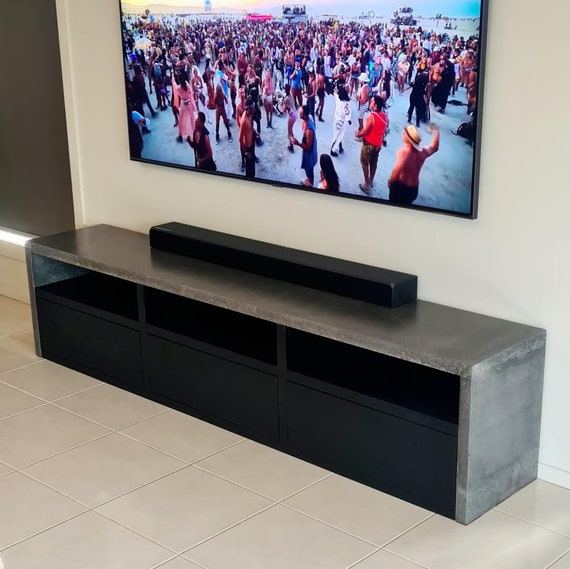 2.2m Industrial Hardwood and Concrete TV Unit Bespoke Handcrafted
