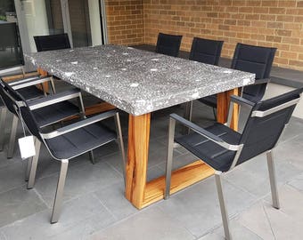 8 seater alfresco outdoor dining table, 2.1m x 1.1m exposed white aggregate/granite patio outdoor custom design with hardwood timber base