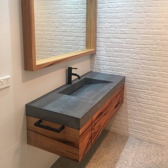 Floating Polished Concrete Charcoal Vanity Custom Handmade Real