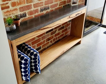 1.8m Concrete and timber hardwood console, hall table, Vic Ash side board stand with polished grey or charcoal finish table top.