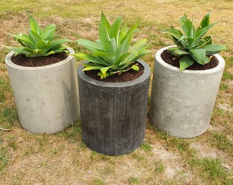 Cylinder planter - concrete indoor or outdoor pot plant holder.  Polished concrete patio pot or plant stand.