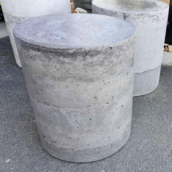 Industrial concrete side table, outdoor seat, stool, bedside table or plant stand. Cylinder concrete table, end table, coffee table.
