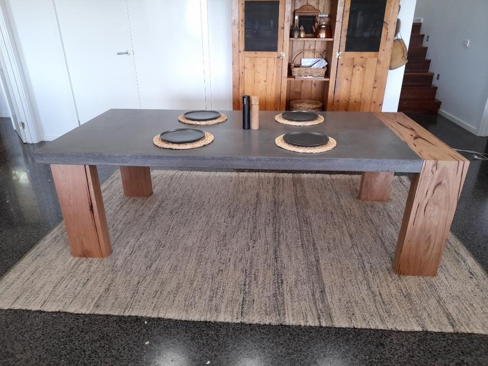 Concrete Dining Table 4 Post Base Hardwood Loop Feature Inlay - Etsy ...