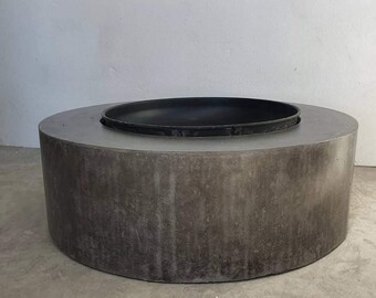 Round concrete fire pit, charcoal and black fire pit. Large, unique, custom handmade real concrete fire pit with metal bowl.