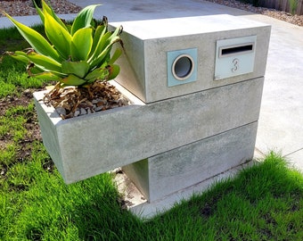 Concrete charcoal 3 piece unique custom letterbox with floating planter box, bespoke handmade furniture.