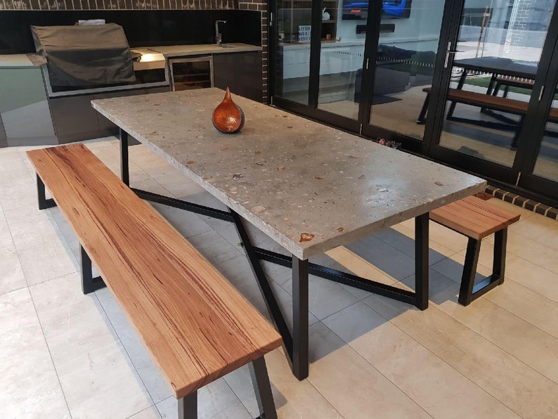 Concrete Dining Table With Unique V Hardwood Feature Inlay Etsy