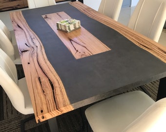 One of a kind concrete table live edge - custom timber table with polished concrete and steel powder coated 4 post base.