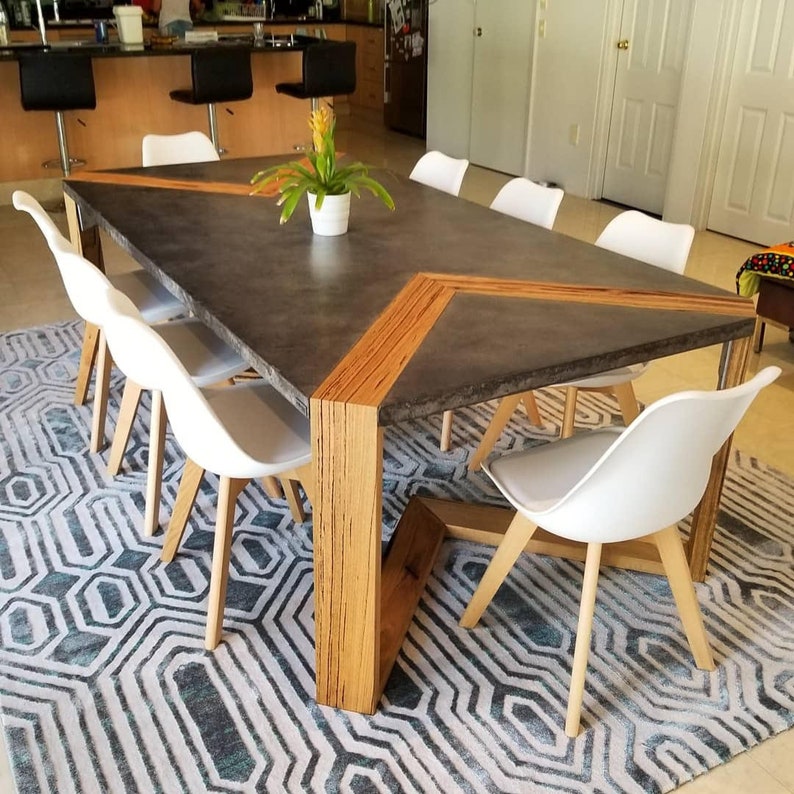 Concrete Dining Table 4 Post Base Hardwood Loop Feature Inlay Etsy
