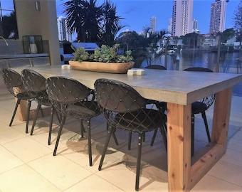 2.7m 8 to 10 seater bespoke polished concrete dining table with custom timber base, handmade real concrete patio outdoor/indoor table.