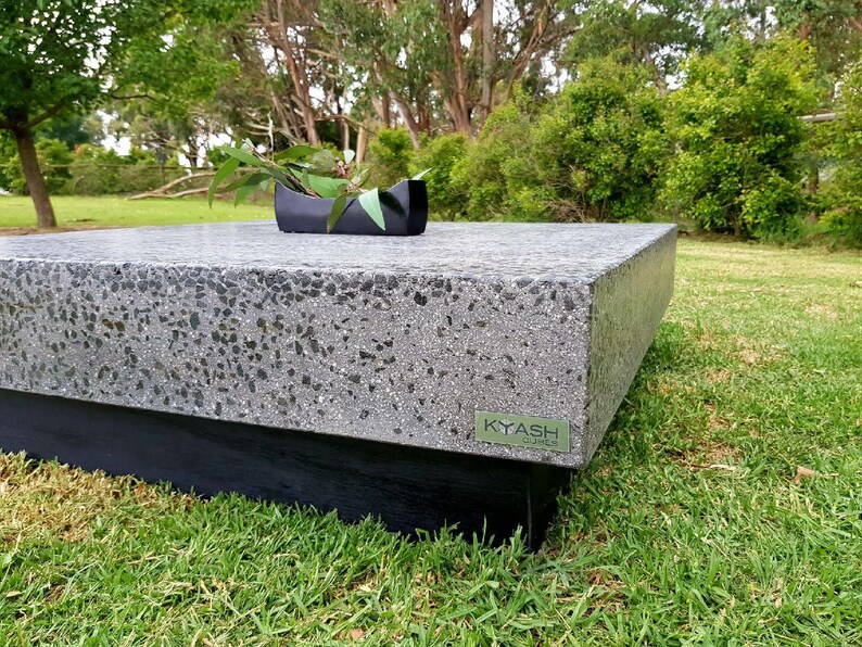 Concrete Coffee Table, Vic Ash Hardwood Base, Exposed Charcoal Polished