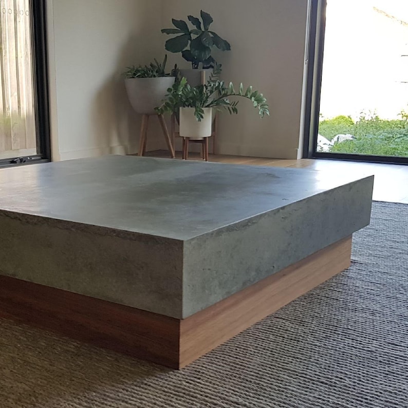Concrete Coffee Table, Vic Ash Hardwood Base, Exposed Charcoal Polished