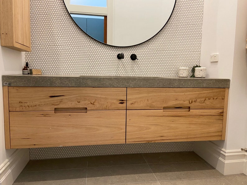 Floating 4 Drawer Hardwood Timber Vanity. Concrete Custom Bathroom or