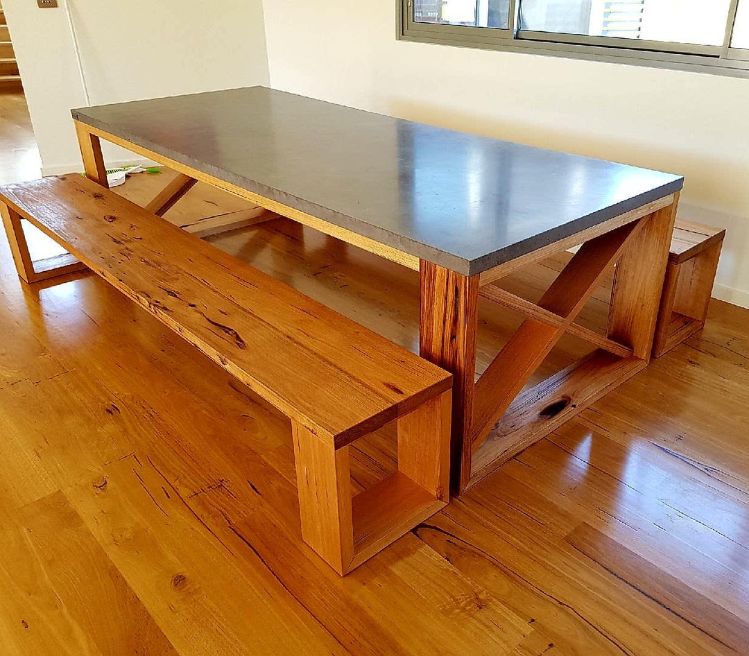2.7m Concrete Dining Table With Hardwood Unique Base. Polished Charcoal ...